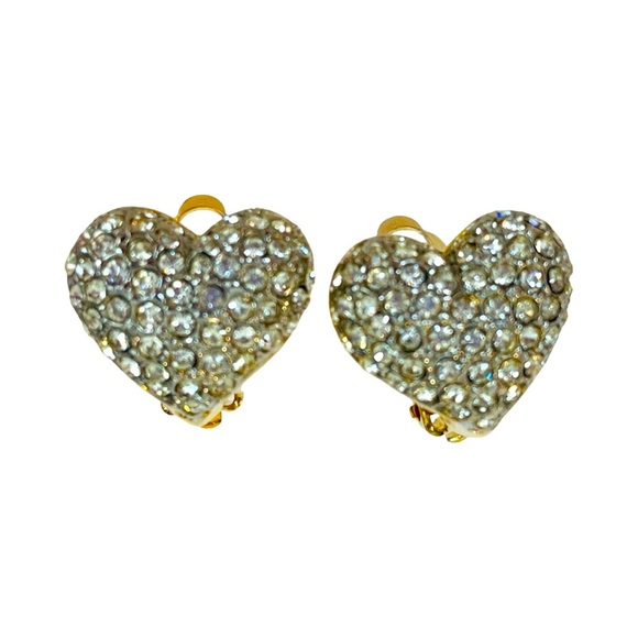 Gold and Crystal heart Clip On Earrings - Picture 1 of 4